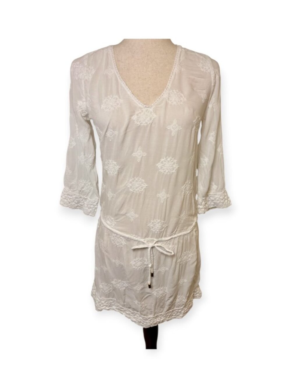 Helen Jon White Embroidered Margaux Drawstring Mini Dress Size Extra Small